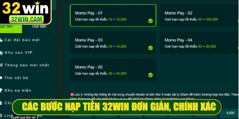 Các bước nạp tiền 32WIN đơn giản, chính xác
